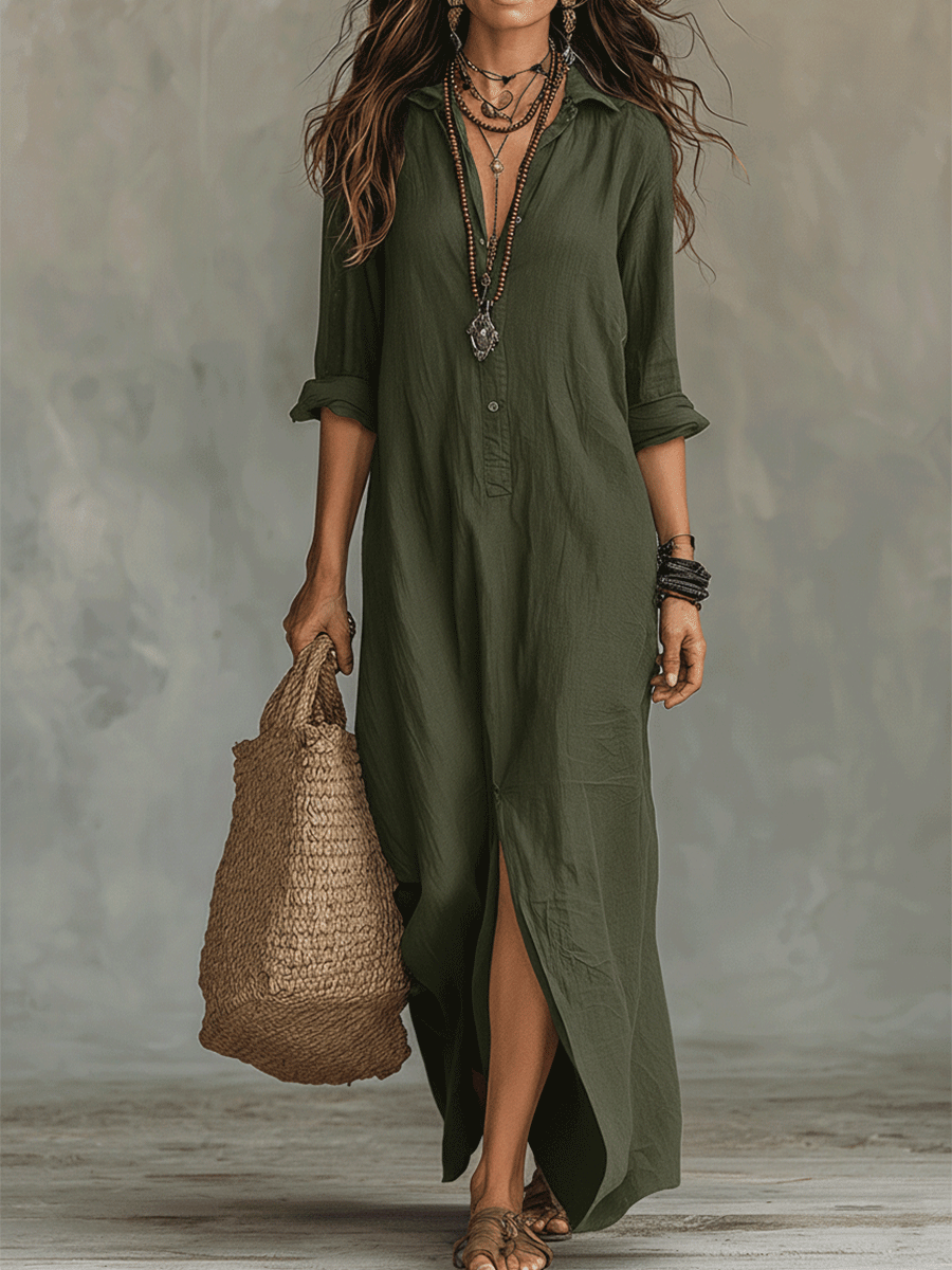 Vestido maxi atemporal con botones frontales – elegante, ligero y cómodamente sencillo