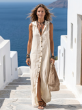 Marune | Elegante vestido largo con capucha, sin mangas y botones delanteros