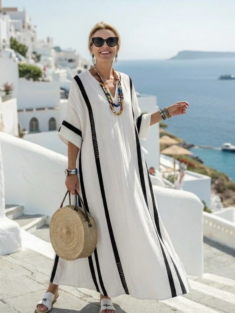 Elvienne | Elegante vestido largo a rayas con bloques de color y mangas cortas