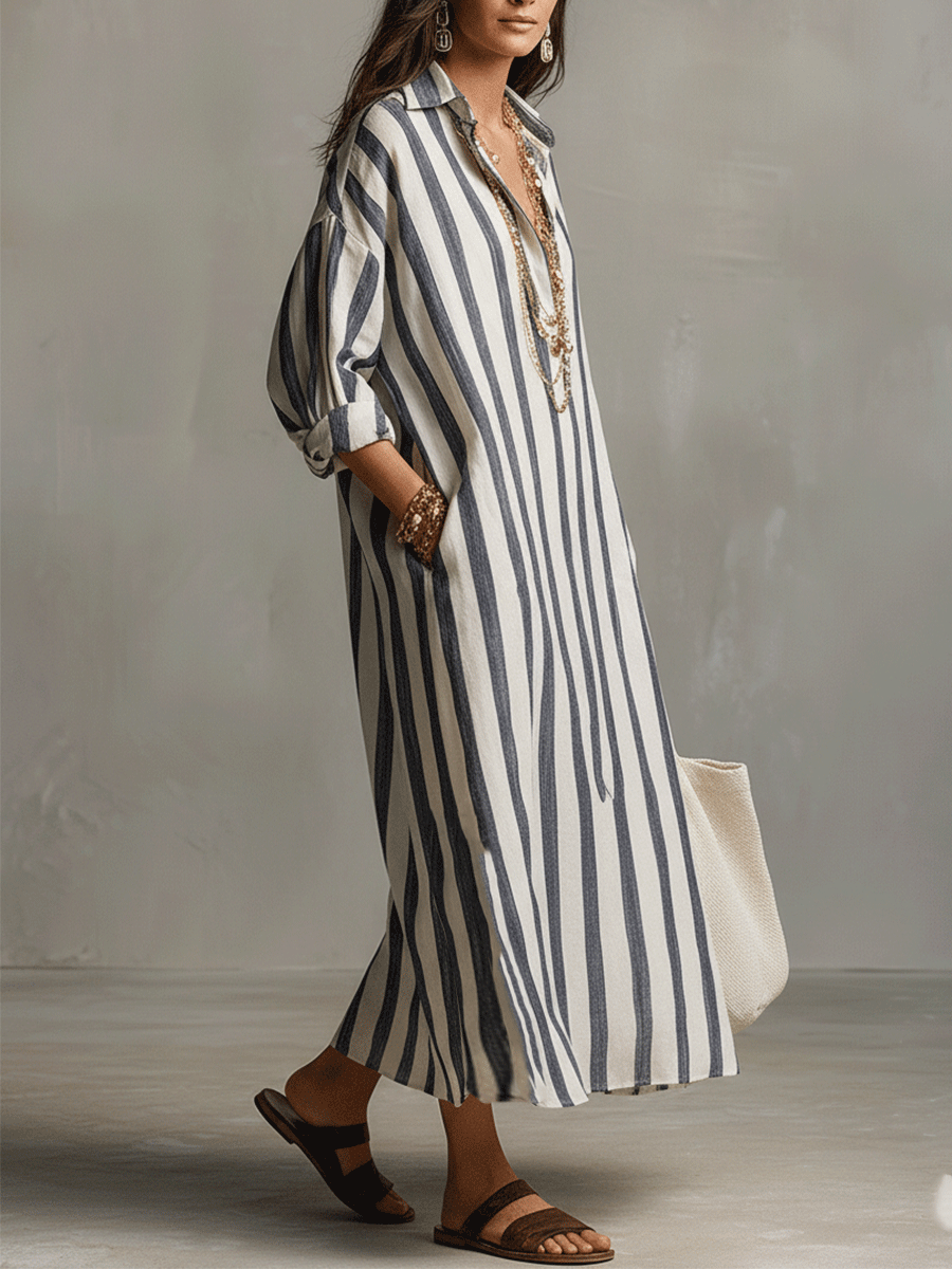 Vestido largo casual bohemio a rayas estilo camisa