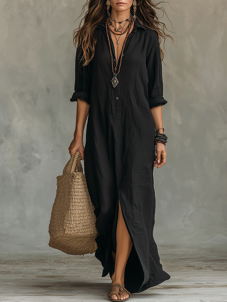 Vestido maxi atemporal con botones frontales – elegante, ligero y cómodamente sencillo