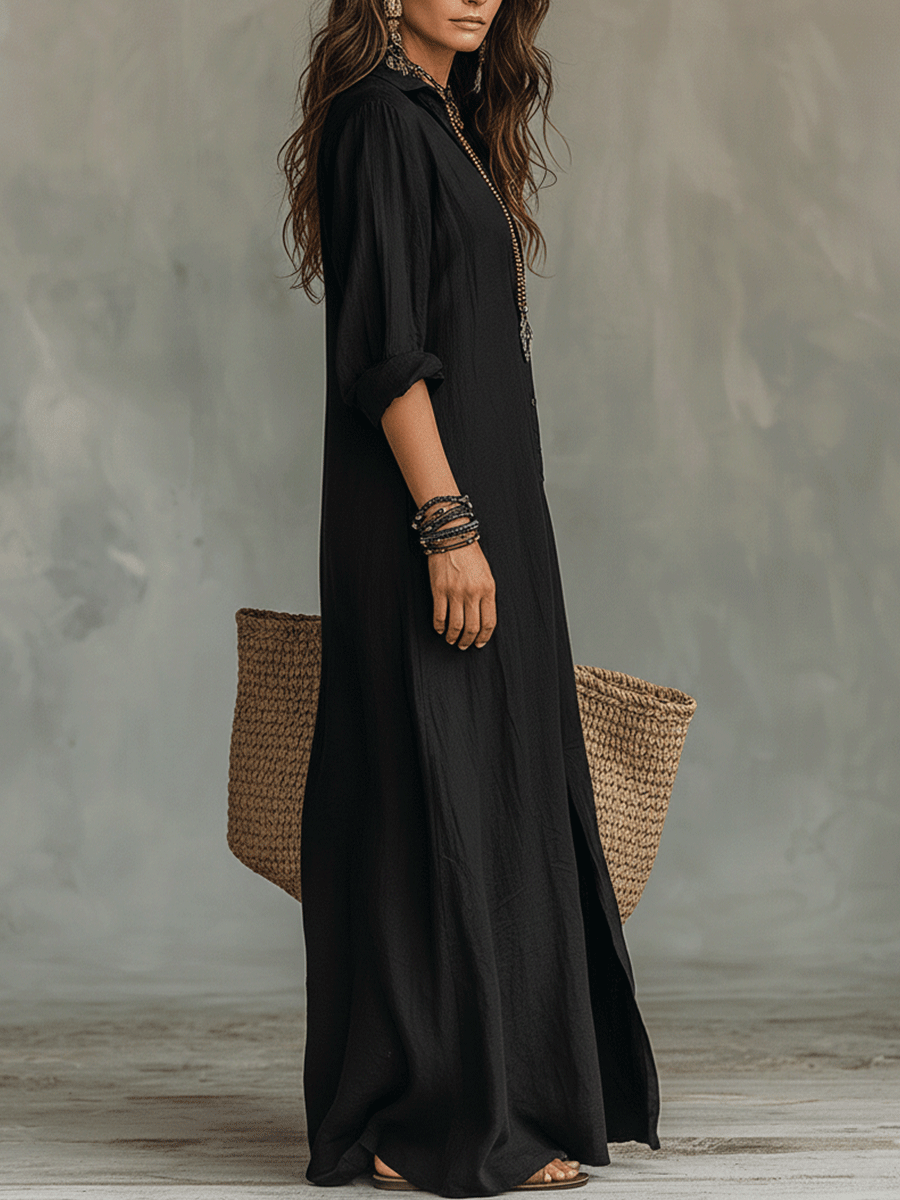 Vestido maxi atemporal con botones frontales – elegante, ligero y cómodamente sencillo