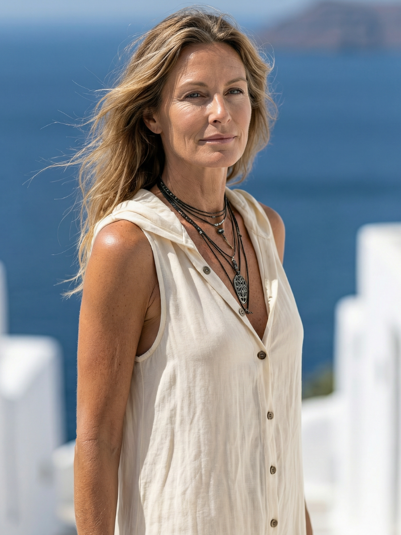 Marune | Elegante vestido largo con capucha, sin mangas y botones delanteros