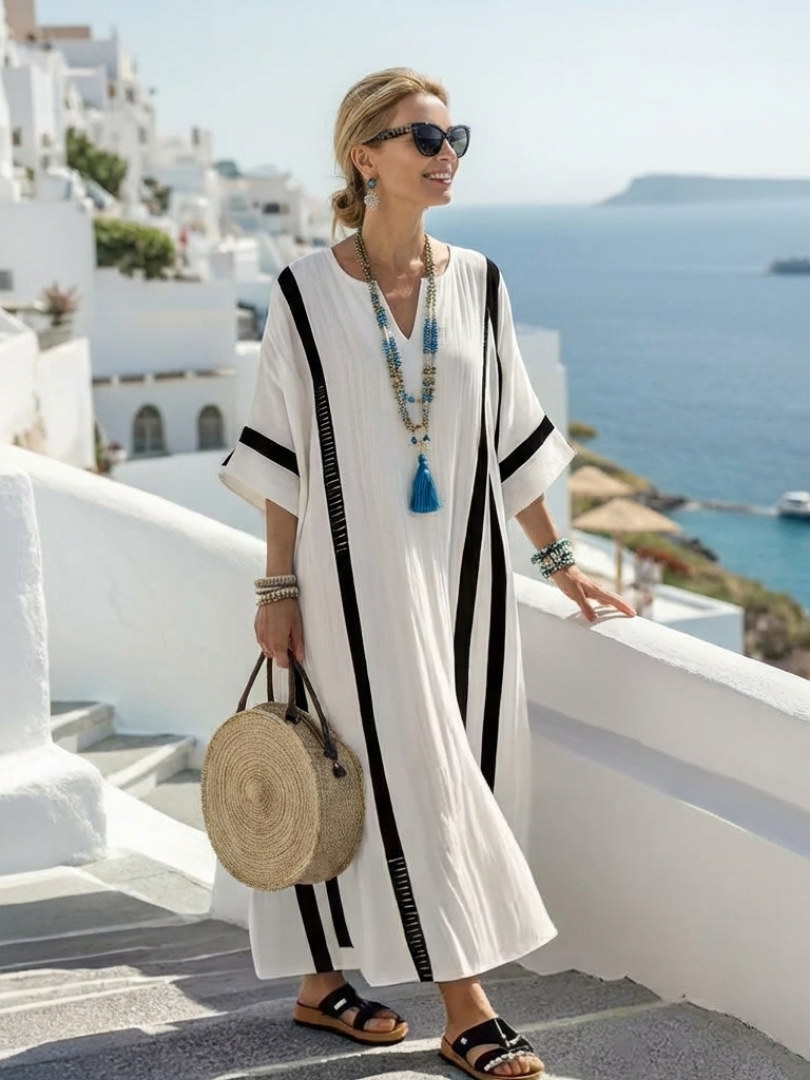 Elvienne | Elegante vestido largo a rayas con bloques de color y mangas cortas