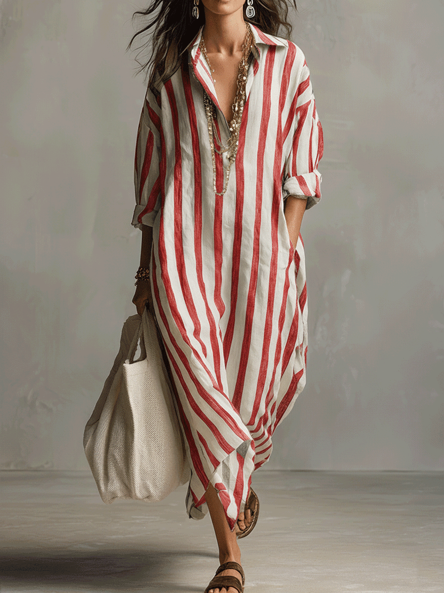 Vestido largo casual bohemio a rayas estilo camisa