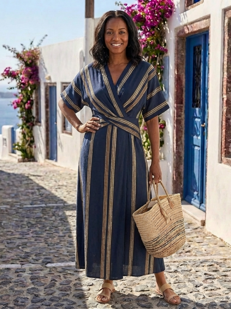 Saphira | Elegante vestido midi cruzado de rayas con escote en V y manga corta