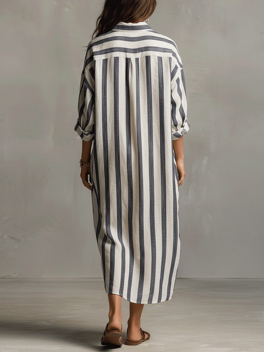 Vestido largo casual bohemio a rayas estilo camisa