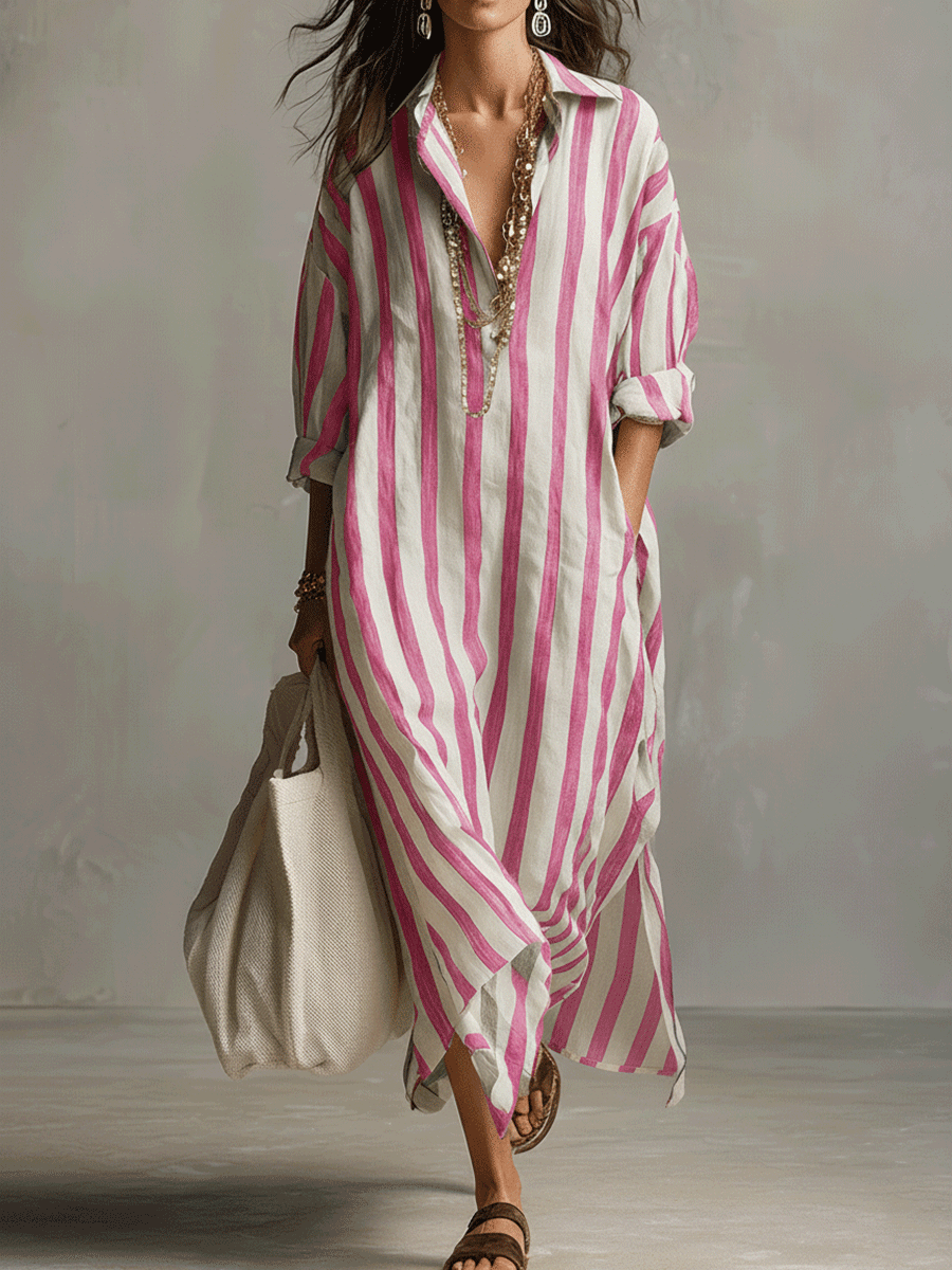 Vestido largo casual bohemio a rayas estilo camisa