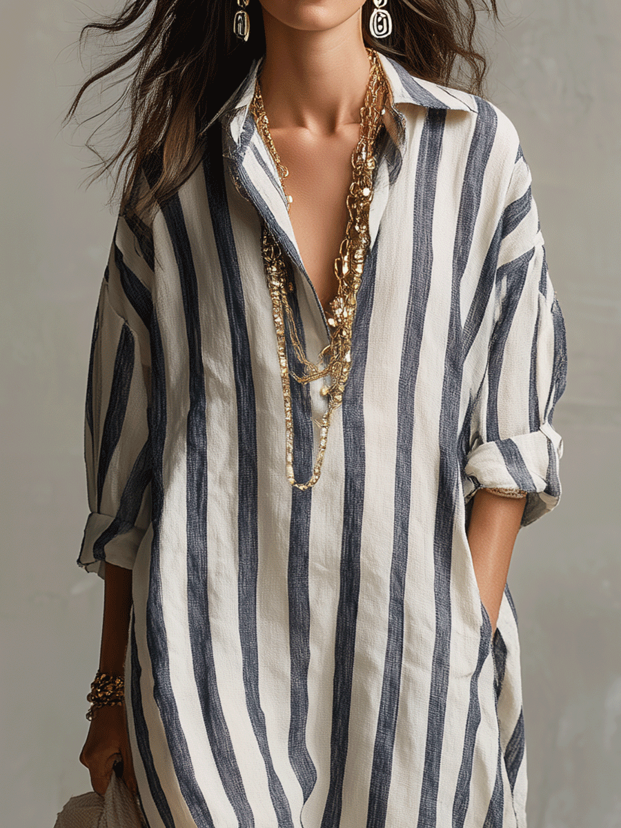 Vestido largo casual bohemio a rayas estilo camisa