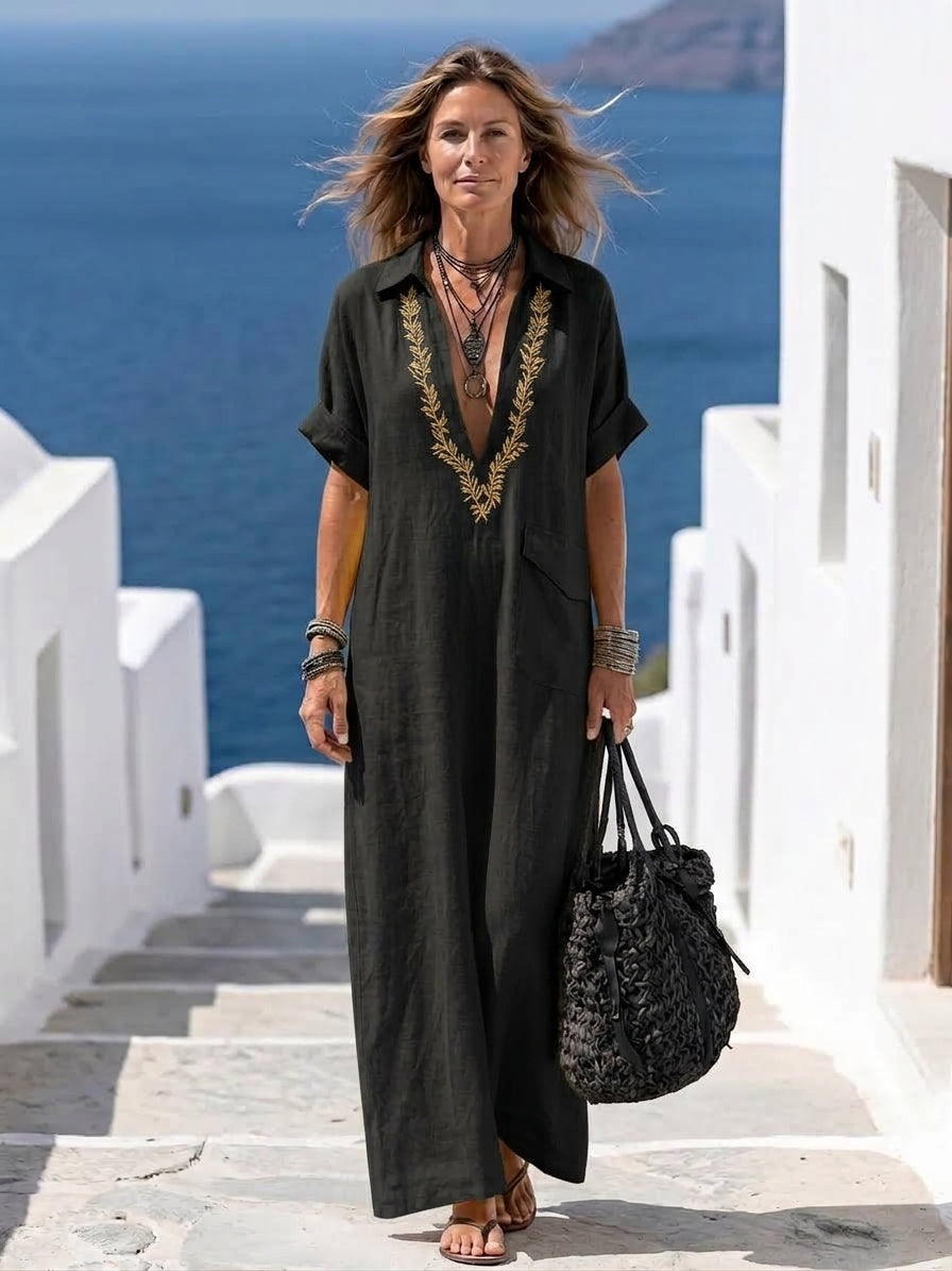 Amarina | Elegante vestido largo de lino bordado con escote en V