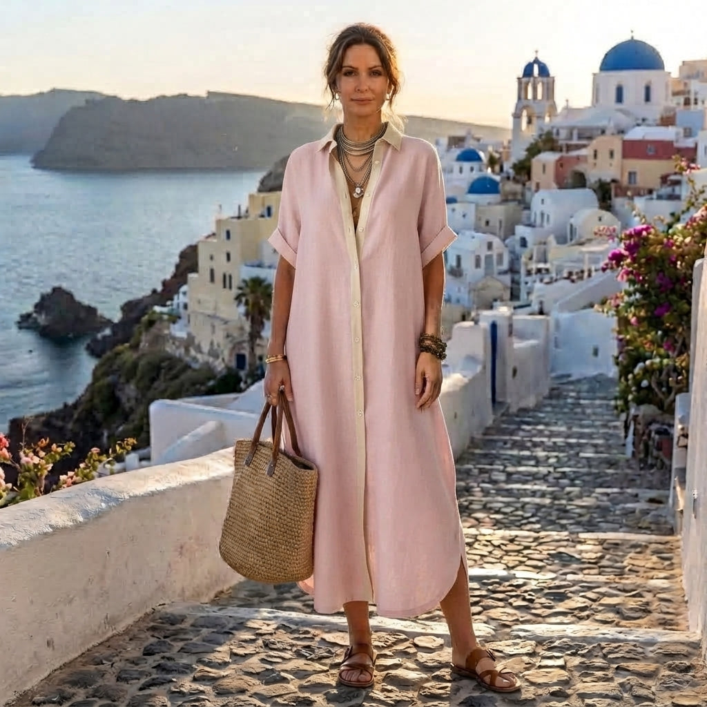 Kamira | Vestido camisero largo de manga corta, elegante, con cuello en contraste y botones frontales