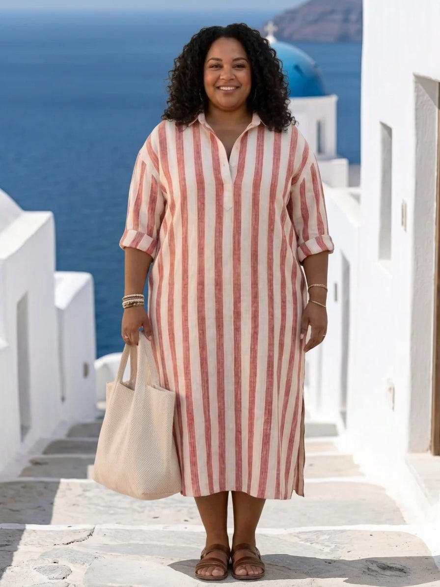 Naomi | Elegante vestido camisero midi a rayas de manga larga