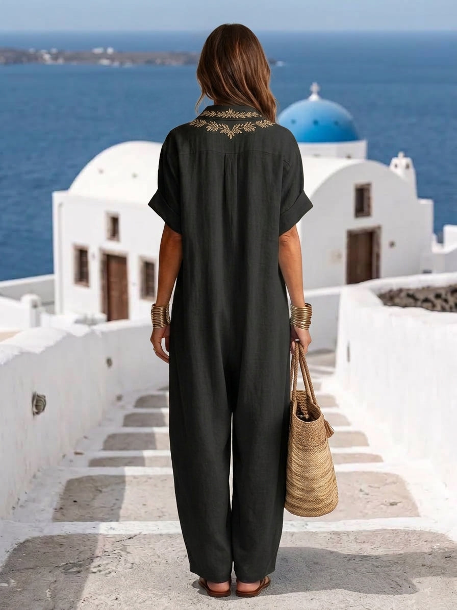 Amarina | Elegante vestido largo de lino bordado con escote en V