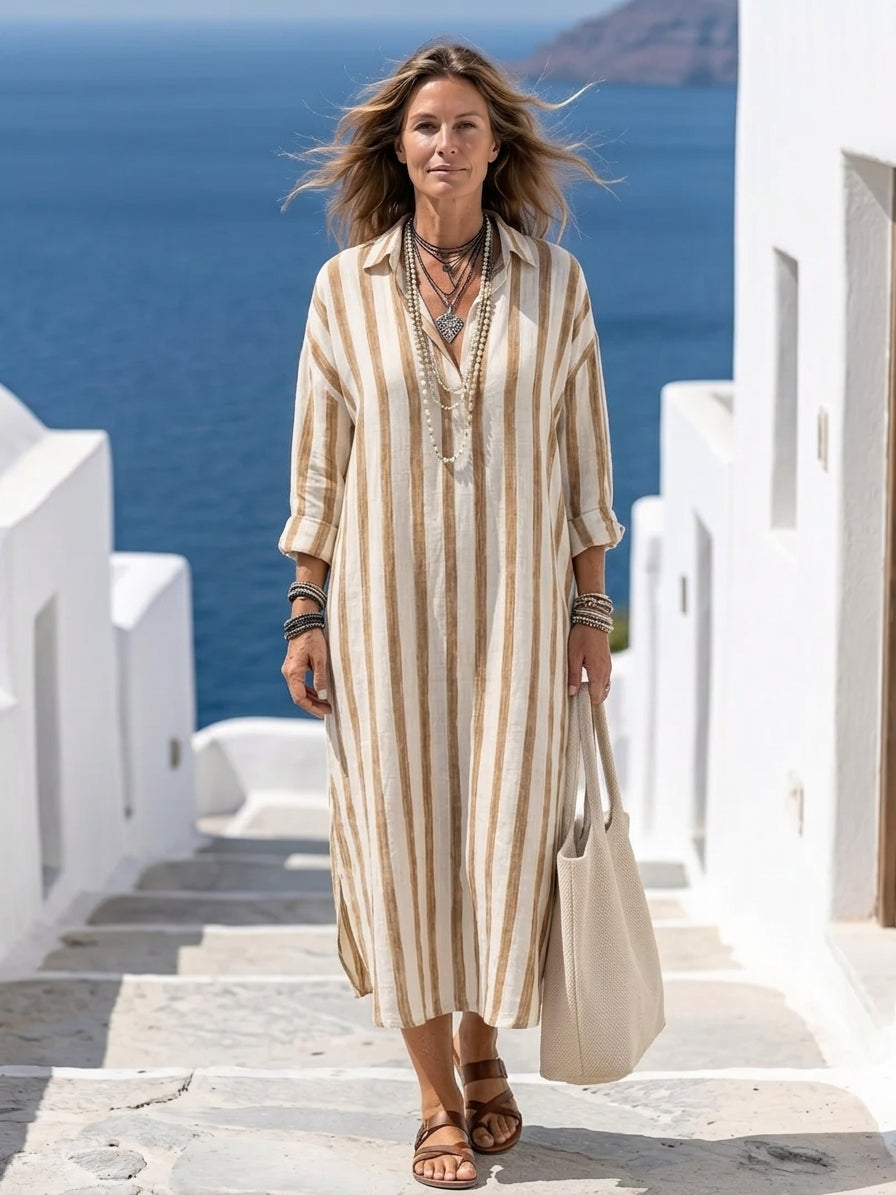 Naomi | Elegante vestido camisero midi a rayas de manga larga