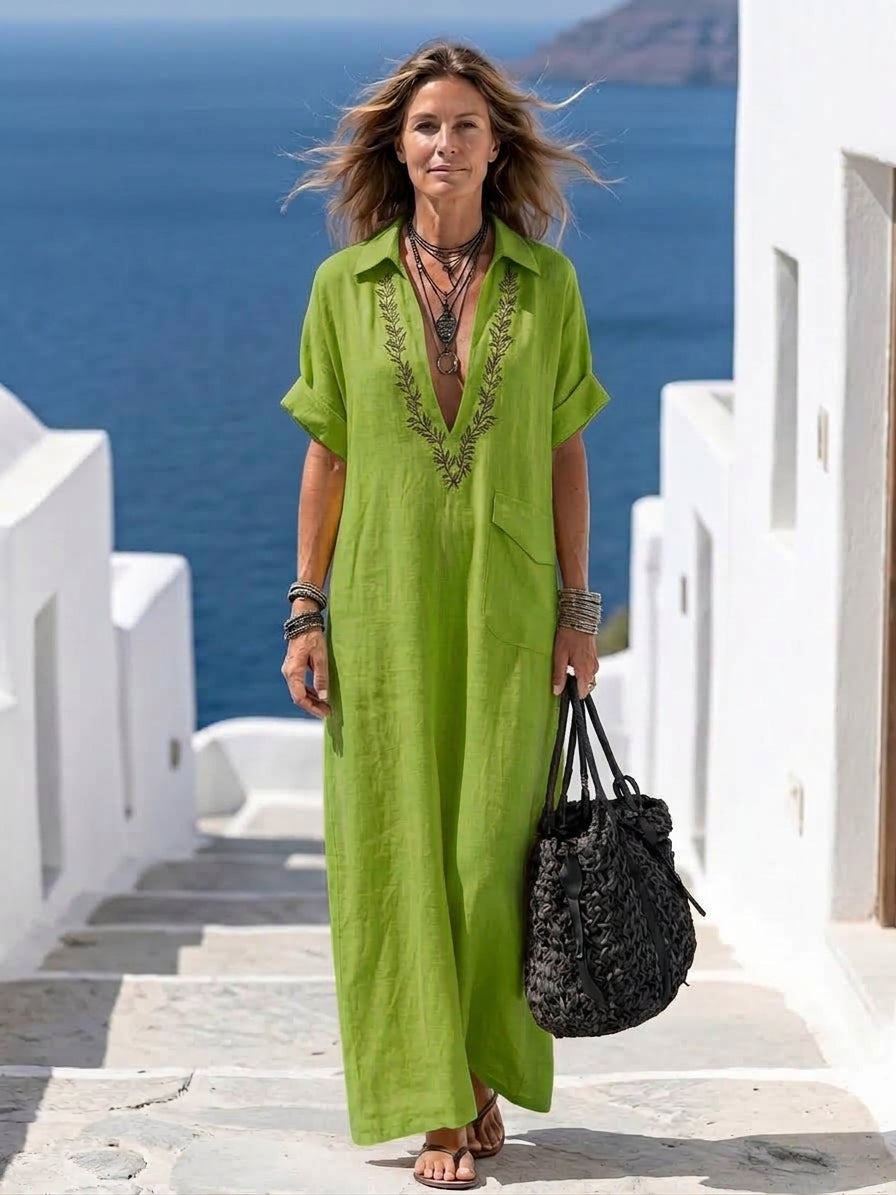 Amarina | Elegante vestido largo de lino bordado con escote en V