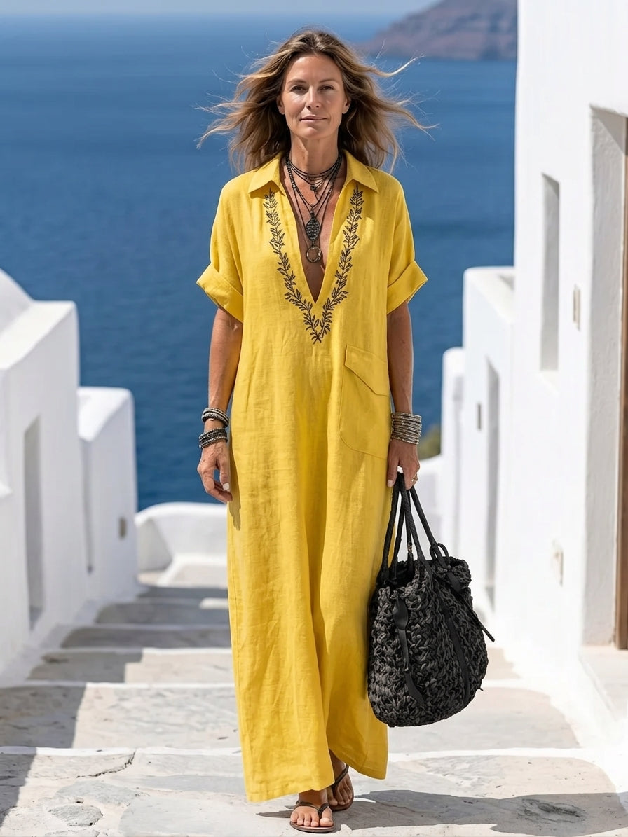 Amarina | Elegante vestido largo de lino bordado con escote en V