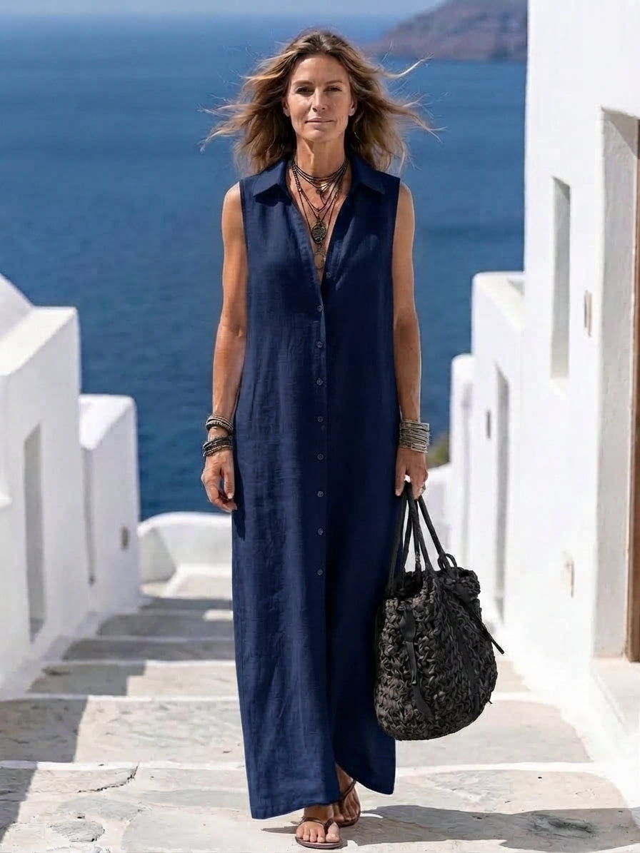 Mirabell | Elegante vestido largo de lino sin mangas con capucha y detalle de botones en la parte delantera