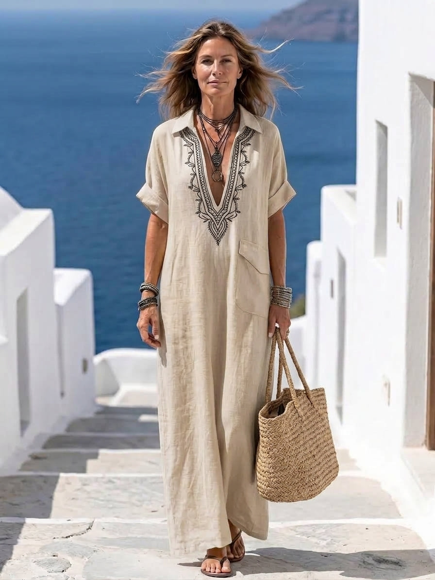 Amarina | Elegante vestido largo de lino bordado con escote en V