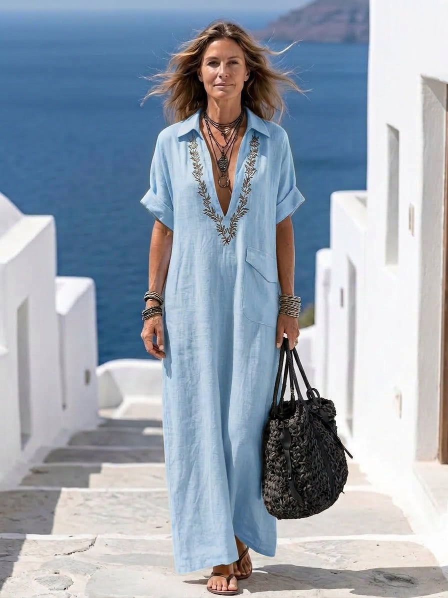 Amarina | Elegante vestido largo de lino bordado con escote en V