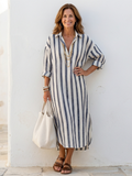 Naomi | Elegante vestido camisero midi a rayas de manga larga