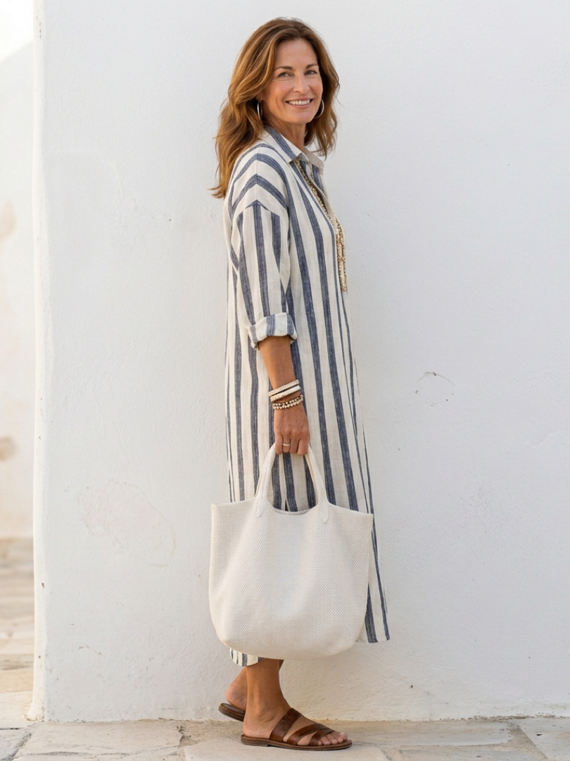 Naomi | Elegante vestido camisero midi a rayas de manga larga