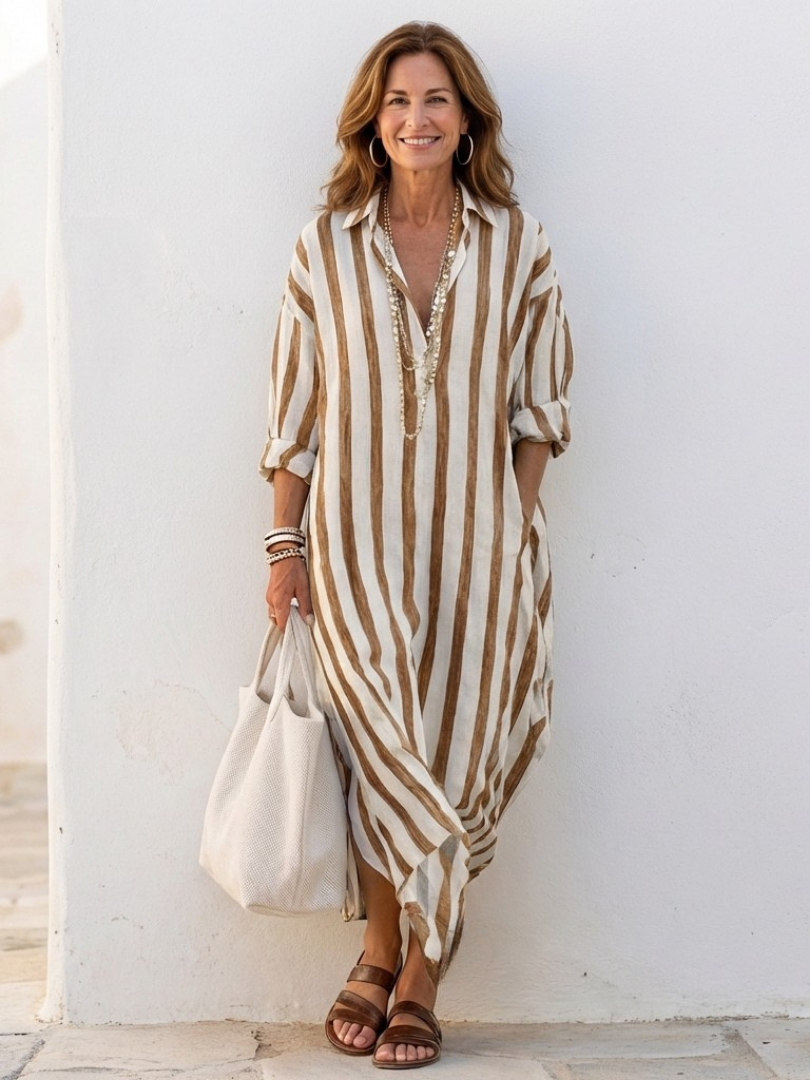 Naomi | Elegante vestido camisero midi a rayas de manga larga