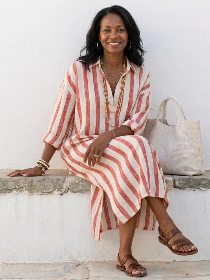 Naomi | Elegante vestido camisero midi a rayas de manga larga