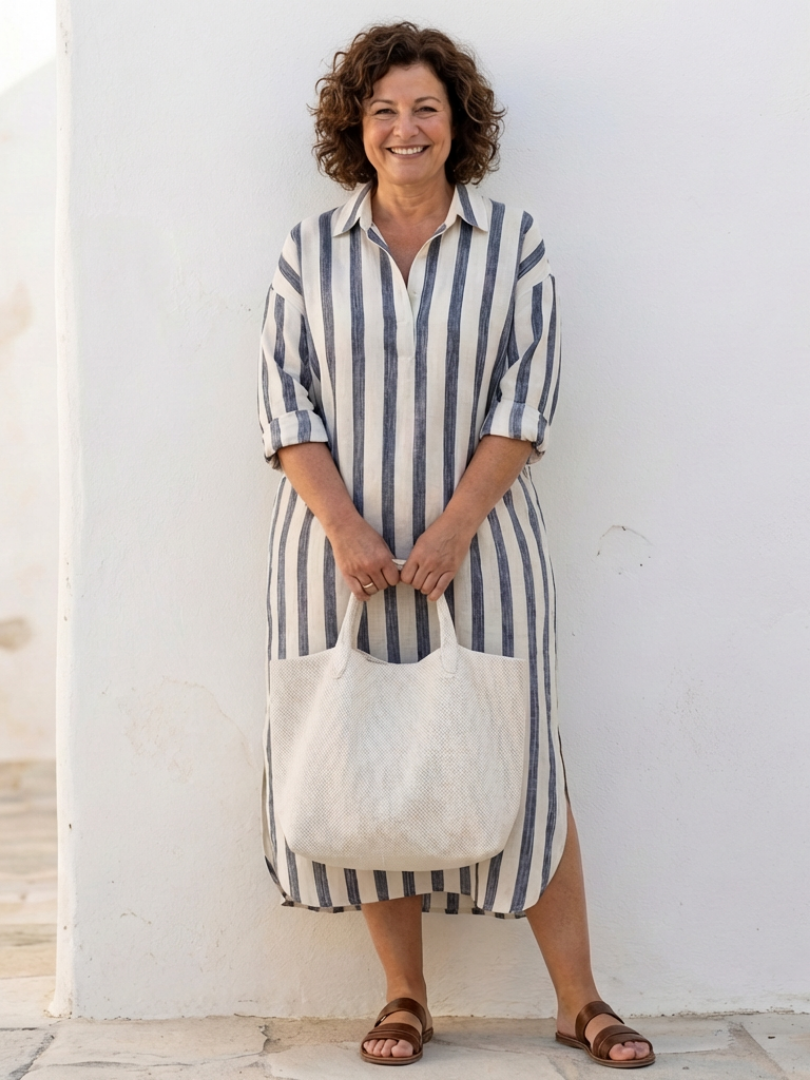 Naomi | Elegante vestido camisero midi a rayas de manga larga