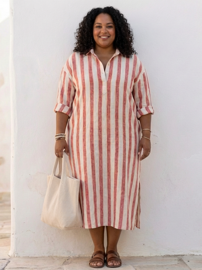 Naomi | Elegante vestido camisero midi a rayas de manga larga