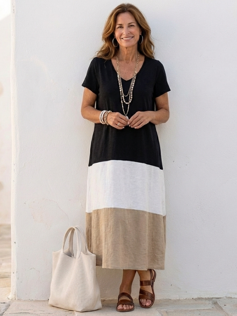Thalia | Elegante vestido midi de manga corta con cuello en V y bloques de color
