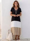 Thalia | Elegante vestido midi de manga corta con cuello en V y bloques de color