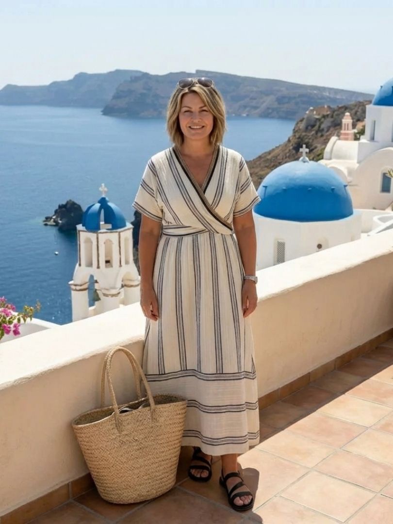 Thalassa | Elegante vestido midi cruzado de manga corta con escote en V y favorecedor lazo en la cintura