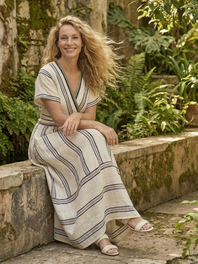 Thalassa | Elegante vestido midi cruzado de manga corta con escote en V y favorecedor lazo en la cintura