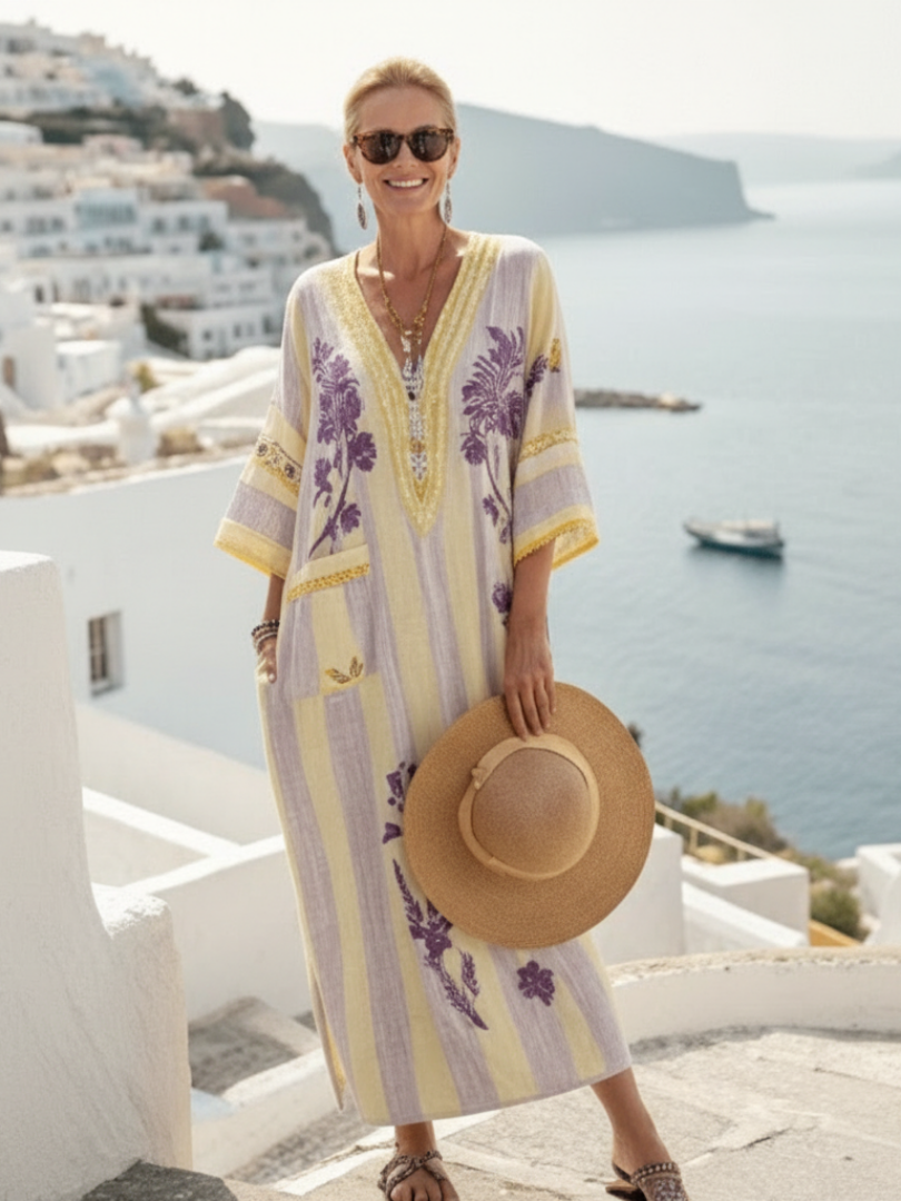 Aurelia | Elegante vestido largo floral a rayas con escote en V y mangas de media longitud