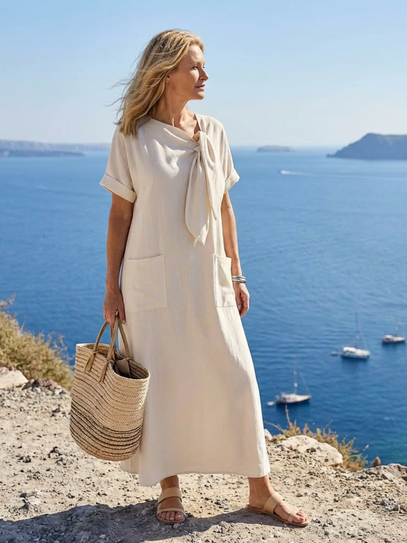 Elowyn | Elegante vestido largo de manga corta con cuello redondo y bolsillos