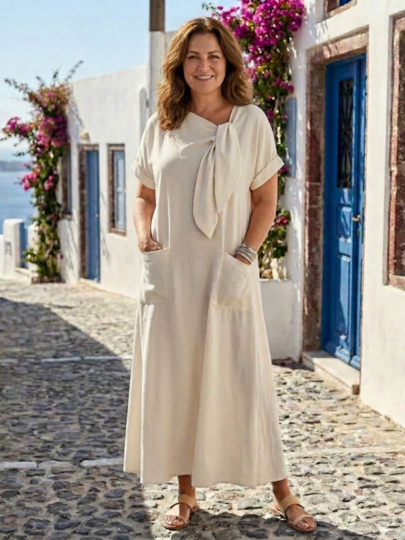 Elowyn | Elegante vestido largo de manga corta con cuello redondo y bolsillos