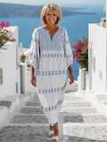 Evadne | Elegante vestido largo bordado de manga larga con escote en V