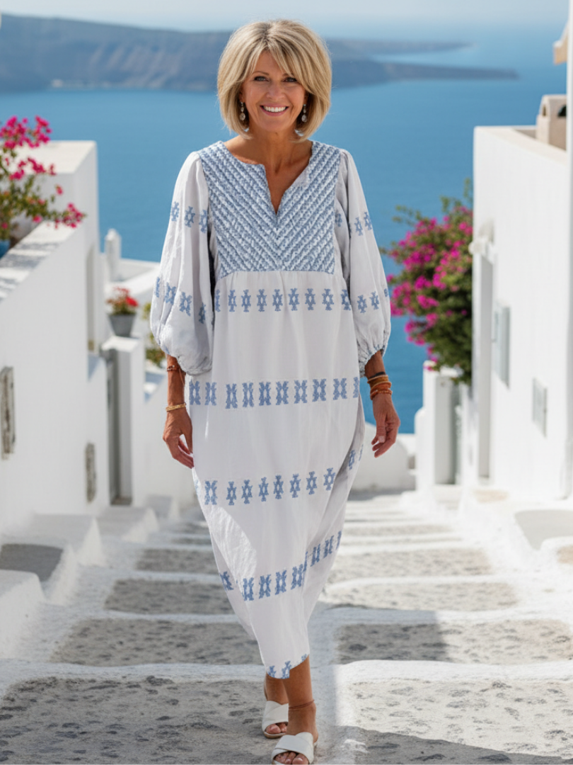 Evadne | Elegante vestido largo bordado de manga larga con escote en V