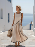 Soleia | Elegante vestido largo drapeado sin mangas y de cuello redondo