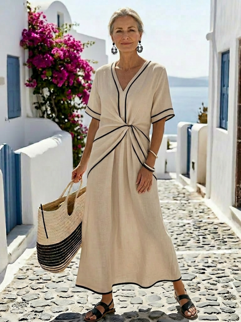Linnea | Elegante vestido midi con escote en V, mangas cortas y favorecedor fruncido en la cintura