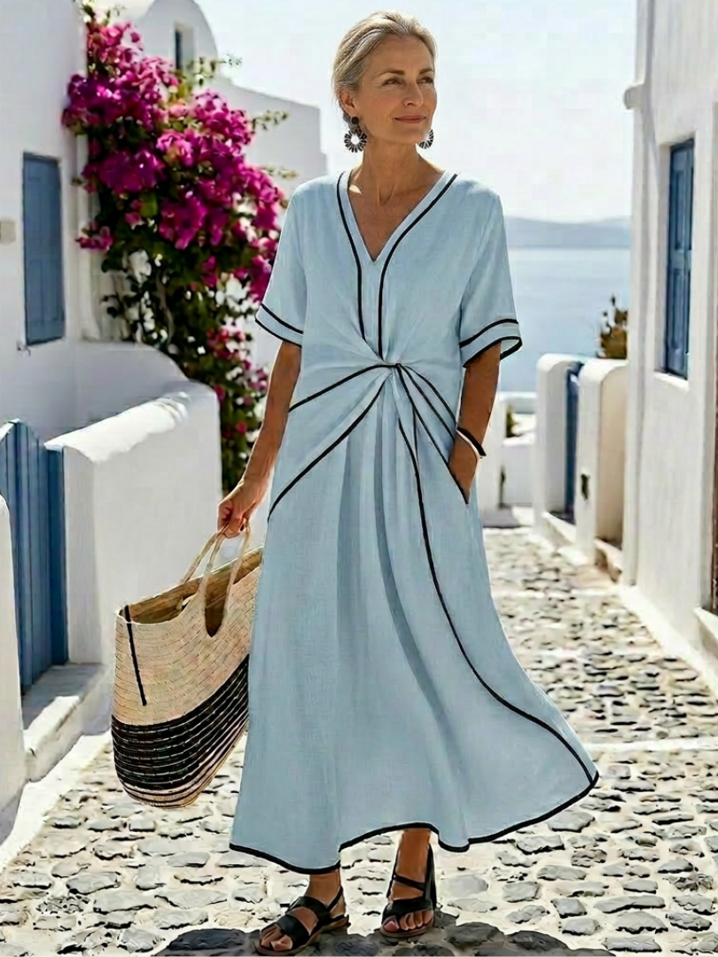 Linnea | Elegante vestido midi con escote en V, mangas cortas y favorecedor fruncido en la cintura