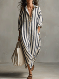 Vestido largo casual bohemio a rayas estilo camisa