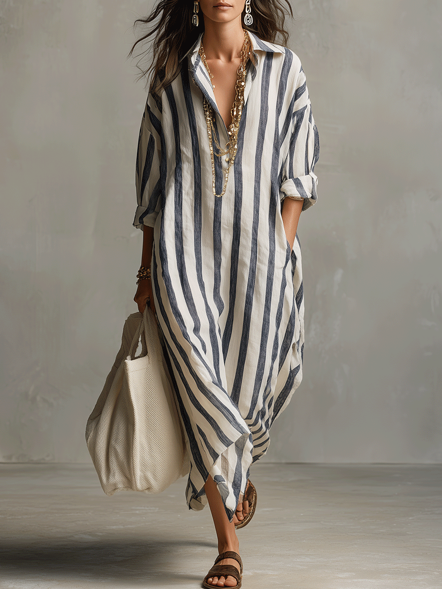 Vestido largo casual bohemio a rayas estilo camisa