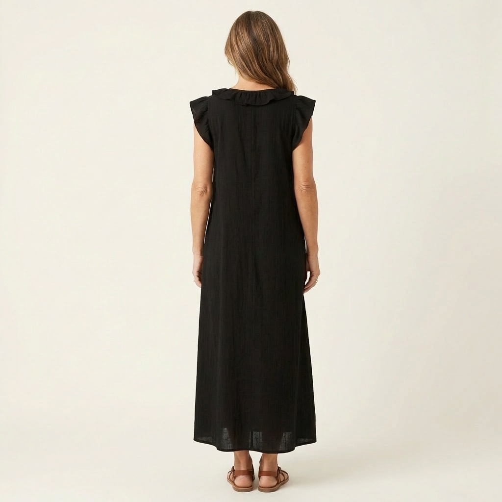 Josette | Elegante vestido largo de lino con volantes y escote en V