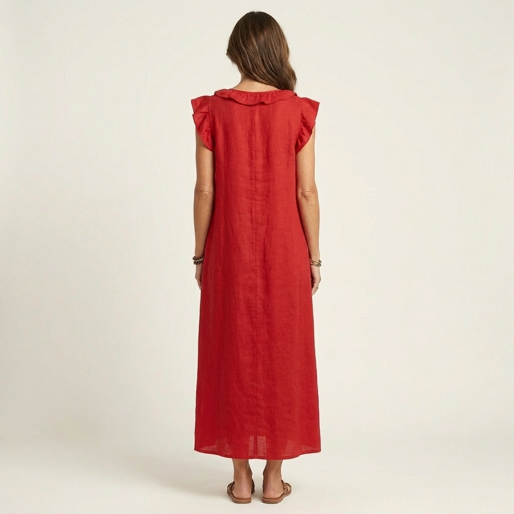 Josette | Elegante vestido largo de lino con volantes y escote en V