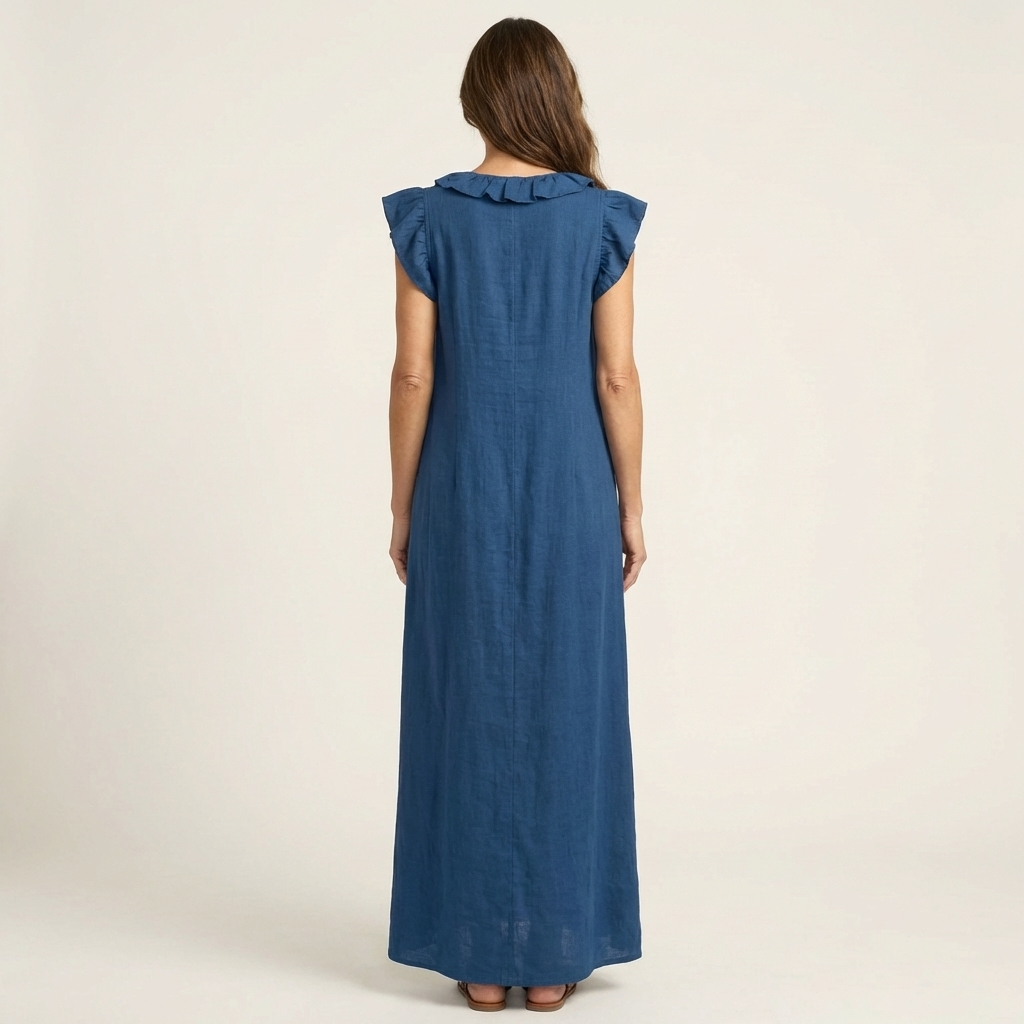 Josette | Elegante vestido largo de lino con volantes y escote en V