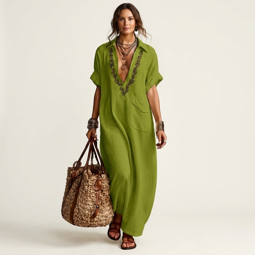 Amarina | Elegante vestido largo de lino bordado con escote en V