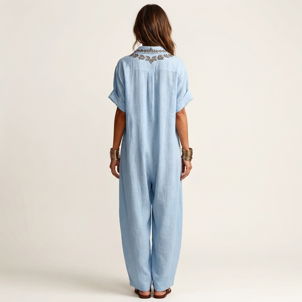 Amarina | Elegante vestido largo de lino bordado con escote en V
