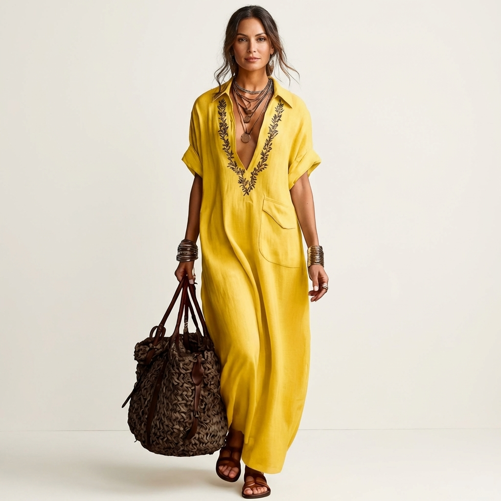 Amarina | Elegante vestido largo de lino bordado con escote en V