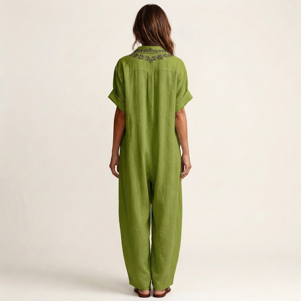 Amarina | Elegante vestido largo de lino bordado con escote en V